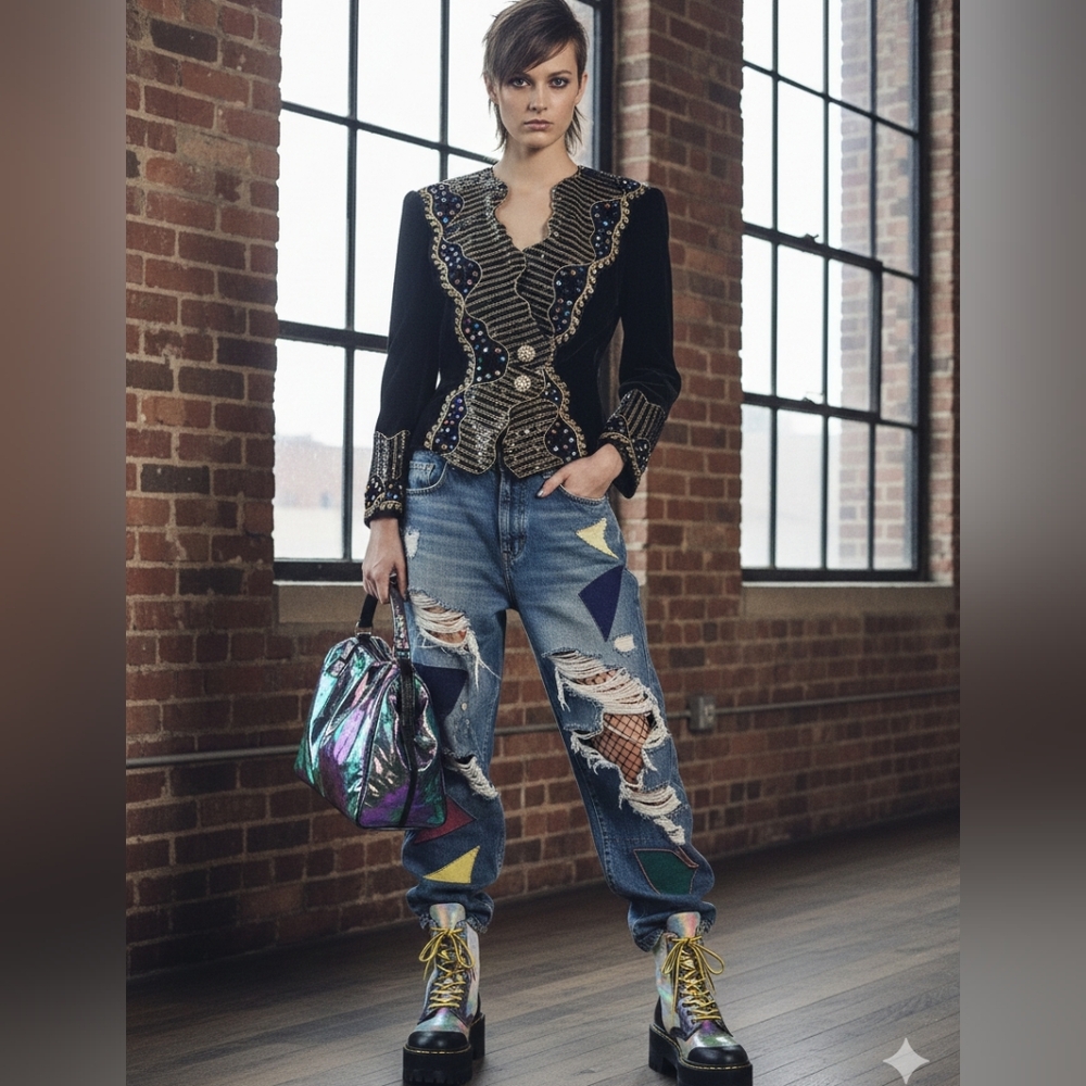 Exquisite Black Velvet Embellished Julie Duroche Jacket - Picture 7 of 9
